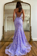 Exquisite Lilac Long Prom Dress with Spaghetti Straps Lace Up Closure and Appliques