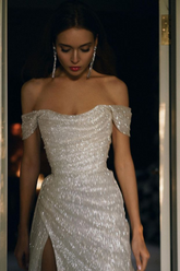 Luxurious Mermaid Off the Shoulder Silver Sequins Long Party Dress with Split Front