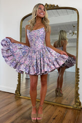 Fairy-like Purple A-Line Strapless Short Print Homecoming Party Dress