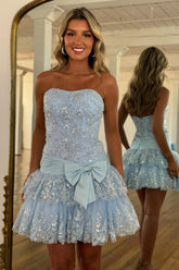 Fairy-like Glitter Pink A-Line Strapless Low Waist Short Sequin Homecoming Dress