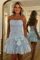 Fairy-like Glitter Pink A-Line Strapless Low Waist Short Sequin Homecoming Dress