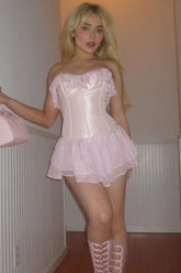 Fairy Blush Pink Satin Corset Homecoming Dress with Ruffle Mini Skirt