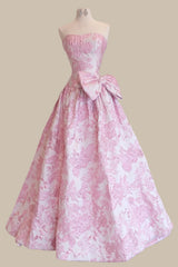 Fairy Tale Dusty Blue Floral Jacquard Ball Gown Prom Dress with Oversized Bow