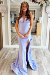 Fashion Forward Deep V-Neck Mermaid Style with Flowing Satin and Slit Prom Dress