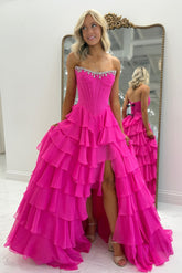 Fashionable A Line Strapless Hot Pink Corset Prom Dress with Beading Ruffles