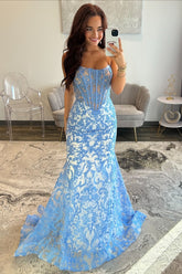 Fashionable Mermaid Strapless Blue Corset Prom Dress with Appliques Beading