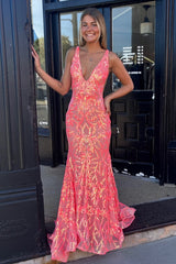 Fashionable Mermaid V Neck Orange Sequins Long Prom Dress with Open Back
