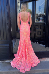 Fashionable Mermaid V Neck Orange Sequins Long Prom Dress with Open Back