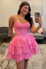 Flirty Pink Corset Bodice Homecoming Dress with Tiered Skirt