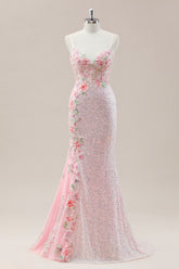 Pink Prom Dress in Mermaid Style Featuring Floral Appliqués and Shimmering Sequins