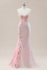 Pink Prom Dress in Mermaid Style Featuring Floral Appliqués and Shimmering Sequins