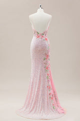 Pink Prom Dress in Mermaid Style Featuring Floral Appliqués and Shimmering Sequins