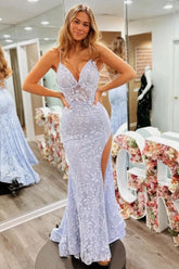 Floral Lavender Lace Spaghetti Straps Lace Up Prom Gown with Slit