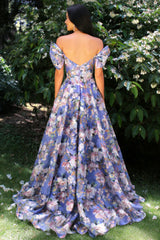 Floral Off-Shoulder Corset Prom Dress with Puff Sleeves and Full A-Line Skirt