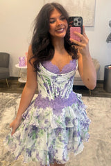 Floral Print Corset Homecoming Dress with Lace Appliqué and Tiered Ruffle Skirt