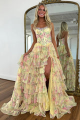 Floral Print Tiered Ruffle Prom Dress with Sparkle Corset Detail & Front Slit