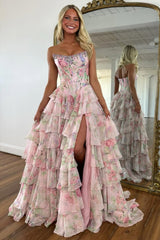 Floral Print Tiered Ruffle Prom Dress with Sparkle Corset Detail & Front Slit