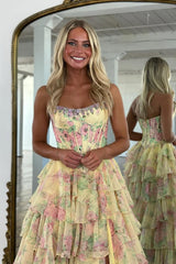 Floral Print Tiered Ruffle Prom Dress with Sparkle Corset Detail & Front Slit