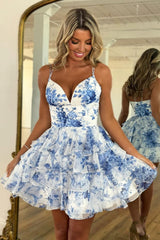 Floral and Fabulous A-Line Spaghetti Straps Short Print Homecoming Dress