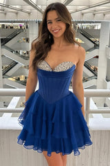 Flowy Dark Blue A-Line Sweetheart Short Layered Chiffon Homecoming Dress