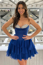 Flowy Dark Blue A-Line Sweetheart Short Layered Chiffon Homecoming Dress