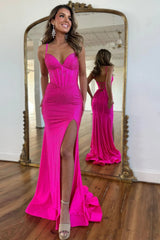 Fuchsia Beaded Mermaid Prom Dress with Spaghetti Straps and Lace-Up Back