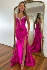 Fuchsia Mermaid Prom Dress with Lace Up Back Beaded Straps and Elegant Satin Slit Skirt