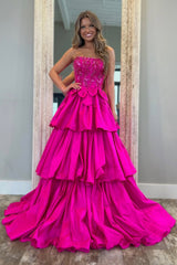 Fuchsia Strapless Layered Satin A-Line Prom Dress with Glitter Bodice and Bowknot