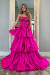 Fuchsia Strapless Layered Satin A-Line Prom Dress with Glitter Bodice and Bowknot