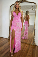 Fully Beaded Prom Dress with Deep V Neck Slit and Open Back
