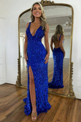 Fully Beaded Prom Dress with Deep V Neck Slit and Open Back