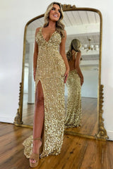 Fully Beaded Prom Dress with Deep V Neck Slit and Open Back