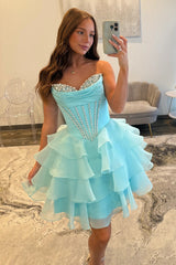 Glam Aqua Sweetheart Homecoming Dress with Rhinestone Bodice and Layered Ruffle Skirt