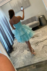 Glam Aqua Sweetheart Homecoming Dress with Rhinestone Bodice and Layered Ruffle Skirt