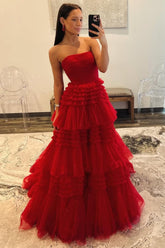 Glam Strapless A-Ling Long Tulle Prom Gown with Cascading Ruffles