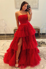 Glam Strapless A-Ling Long Tulle Prom Gown with Cascading Ruffles