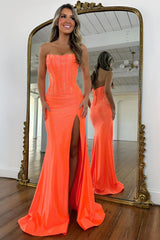Glam Orange Strapless High-Slit Prom Dress with Corset Bodice and Sparkle
