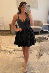 Glamorous A-Line Spaghetti Straps Short Tiered Sparkly Homecoming Dress