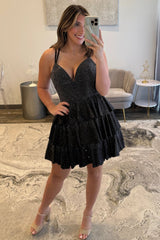 Glamorous A-Line Spaghetti Straps Short Tiered Sparkly Homecoming Dress