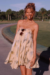 Glamorous A Line Strapless Light Yellow Printed Short Homecoming Dress with Ruffles