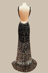 Glamorous Black Sequin Mermaid Prom Dress with Deep V-Neck and High Slit