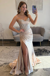 Glamorous Champagne Sweetheart Beaded Top Satin Prom Dress With High Slit