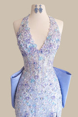 Glamorous Embellished Lavender Halter Neck Mermaid Dress with a Train for Prom