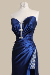 Glamorous Navy Blue Mermaid Satin Strapless Prom Dress with Rhinestone Detail