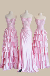 Glamorous Pink Strapless Prom Dress Corset Bodice Tiered Ruffles & Sleek Satin Formal Gowns