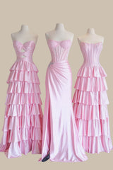 Glamorous Pink Strapless Prom Dress Corset Bodice Tiered Ruffles & Sleek Satin Formal Gowns