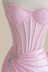 Glamorous Pink Strapless Prom Dress Corset Bodice Tiered Ruffles & Sleek Satin Formal Gowns
