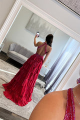 Glamorous Red Sparkly Beaded Halter Prom Dress with Layered Ruffles