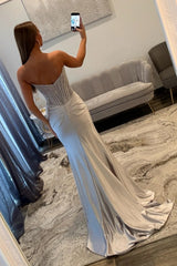 Glamorous Silver Sweetheart Long Satin Corset Prom Dress with Beaded Top