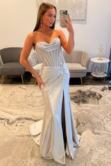 Glamorous Silver Sweetheart Long Satin Corset Prom Dress with Beaded Top